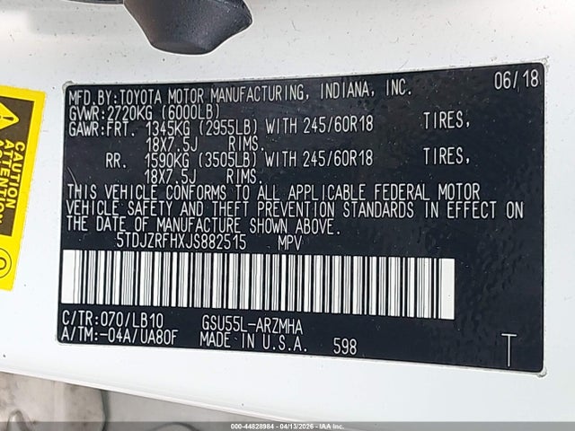 Aukcja sprzedaży 2018 Toyota Highlander Xle, vin: 5TDJZRFHXJS882515, numer aukcji: 44828984