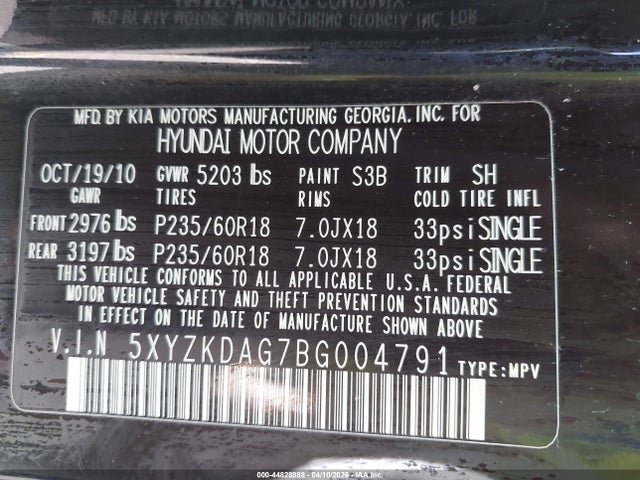 44828988 :رقم المزاد ، 5XYZKDAG7BG004791 vin ، 2011 Hyundai Santa Fe Limited V6 مزاد بيع