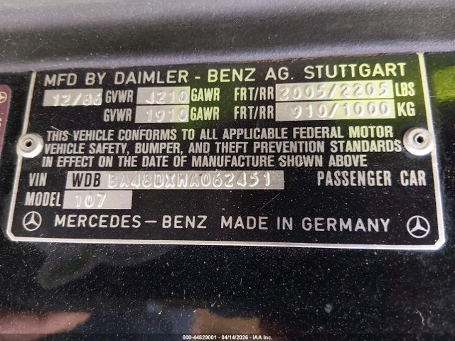 1987 Mercedes-benz 560 Sl მანქანა იყიდება აუქციონზე, vin: WDBBA48DXHA062451, აუქციონის ნომერი: 44829001