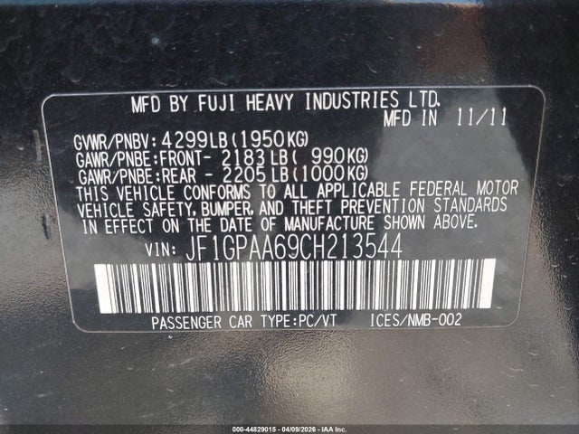 44829015 :رقم المزاد ، JF1GPAA69CH213544 vin ، 2012 Subaru Impreza 2.0i مزاد بيع