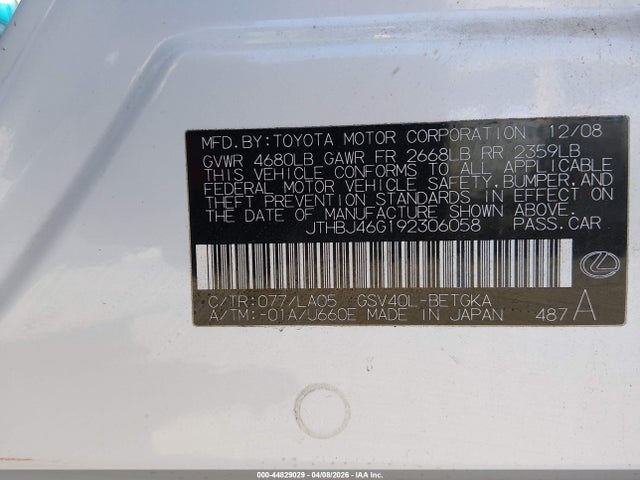 44829029 :رقم المزاد ، JTHBJ46G192306058 vin ، 2009 Lexus Es 350 مزاد بيع