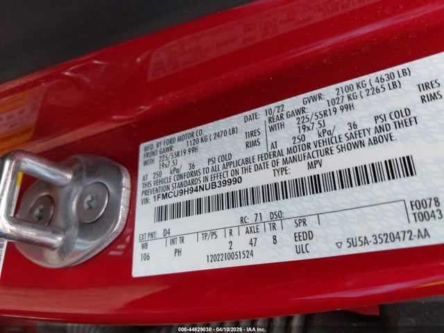 44829030 :رقم المزاد ، 1FMCU9H94NUB39990 vin ، 2022 Ford Escape Sel مزاد بيع