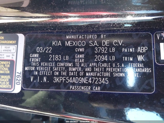 44829037 :رقم المزاد ، 3KPF54AD9NE472345 vin ، 2022 Kia Forte Gt-line مزاد بيع