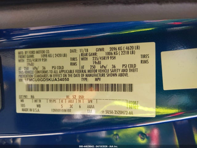 Aukcja sprzedaży 2019 Ford Escape Se, vin: 1FMCU0GD5KUA34050, numer aukcji: 44829043