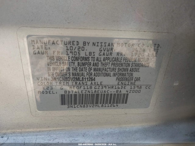44829044 :رقم المزاد ، 3N1CN8DV2ML811264 vin ، 2021 Nissan Versa S Xtronic Cvt مزاد بيع