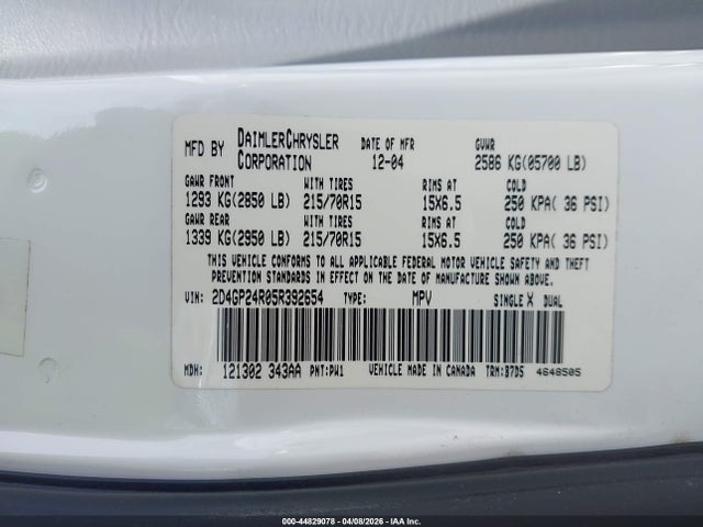 Продаж на аукціоні авто 2005 Dodge Grand Caravan Se, vin: 2D4GP24R05R392654, номер лоту: 44829078