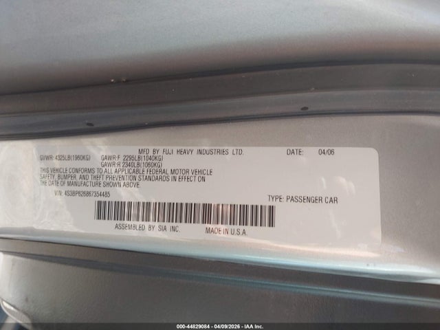 Aukcja sprzedaży 2006 Subaru Legacy 2.5i, vin: 4S3BP626867354485, numer aukcji: 44829084
