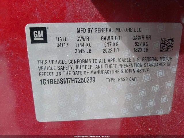 44829096 :رقم المزاد ، 1G1BE5SM7H7250239 vin ، 2017 Chevrolet Cruze Lt Auto مزاد بيع