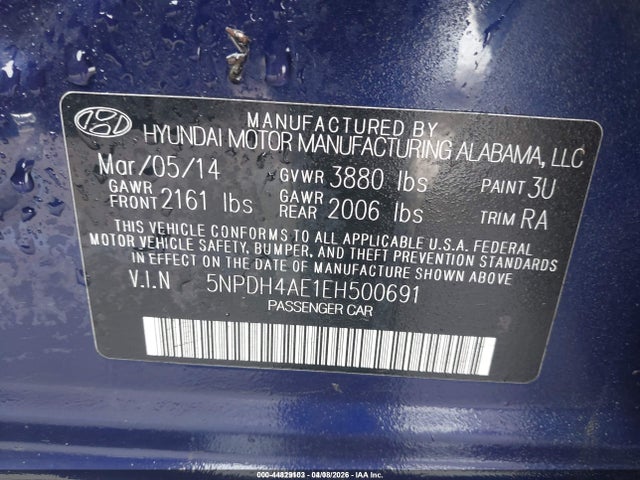 44829103 :رقم المزاد ، 5NPDH4AE1EH500691 vin ، 2014 Hyundai Elantra Limited مزاد بيع
