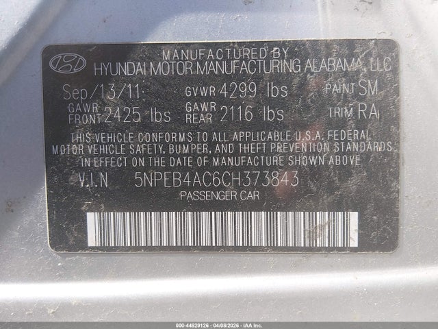 Aukcja sprzedaży 2012 Hyundai Sonata Gls, vin: 5NPEB4AC6CH373843, numer aukcji: 44829126