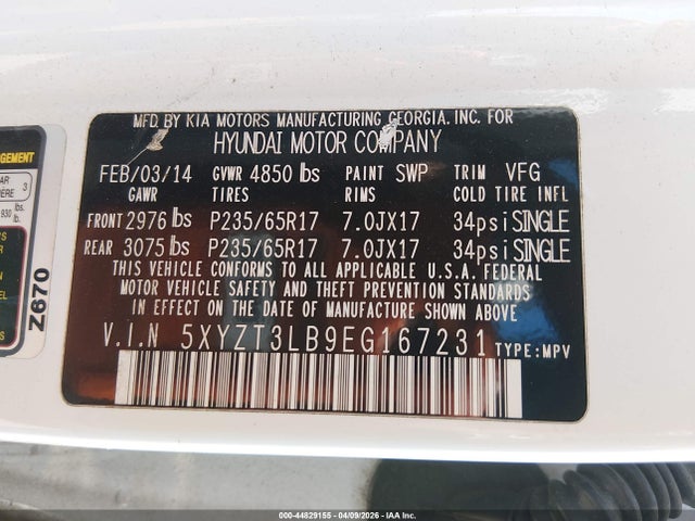Продаж на аукціоні авто 2014 Hyundai Santa Fe Sport 2.4l, vin: 5XYZT3LB9EG167231, номер лоту: 44829155