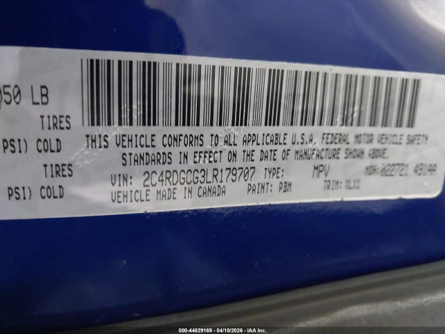 Продажа на аукционе авто 2020 Dodge Grand Caravan Sxt, vin: 2C4RDGCG3LR179707, номер лота: 44829169