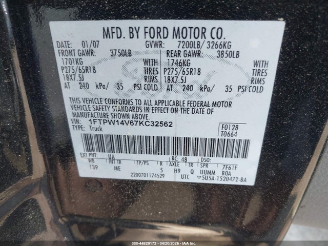 44829172 :رقم المزاد ، 1FTPW14V67KC32562 vin ، 2007 Ford F-150 Fx4/lariat/xlt مزاد بيع