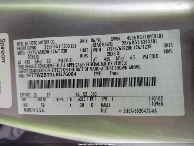 Auction sale of the 2020 Ford F-250 Lariat, vin: 1FT7W2BT3LED76084, lot number: 44829186