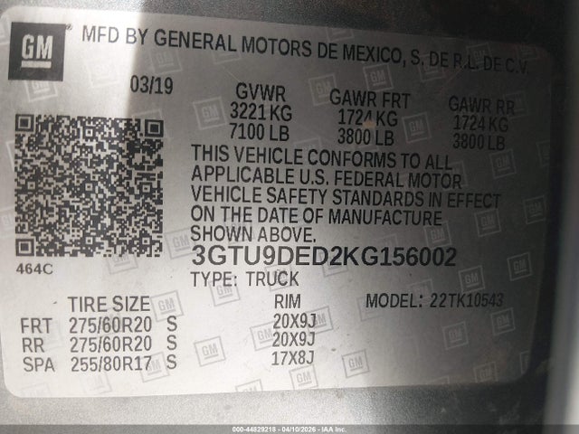 Продажа на аукционе авто 2019 Gmc Sierra 1500 Slt, vin: 3GTU9DED2KG156002, номер лота: 44829218