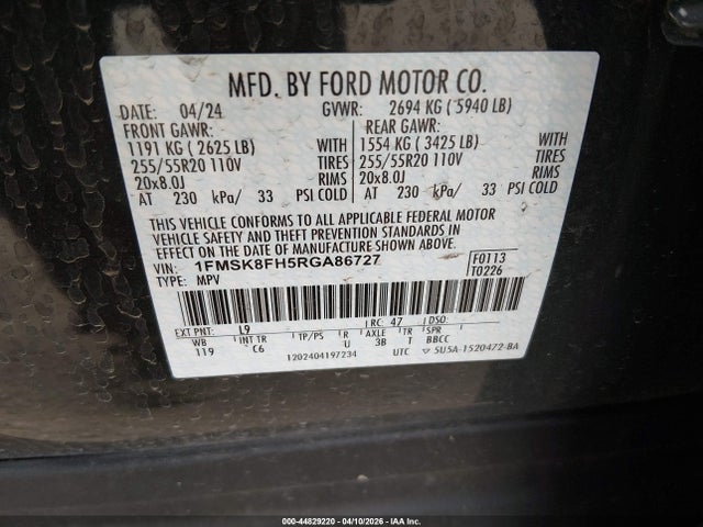 2024 Ford Explorer Limited მანქანა იყიდება აუქციონზე, vin: 1FMSK8FH5RGA86727, აუქციონის ნომერი: 44829220