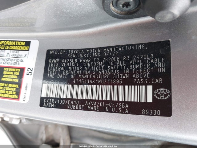 Toyota CAMRY SE 2022 4T1G11AK1NU711896 Image 9