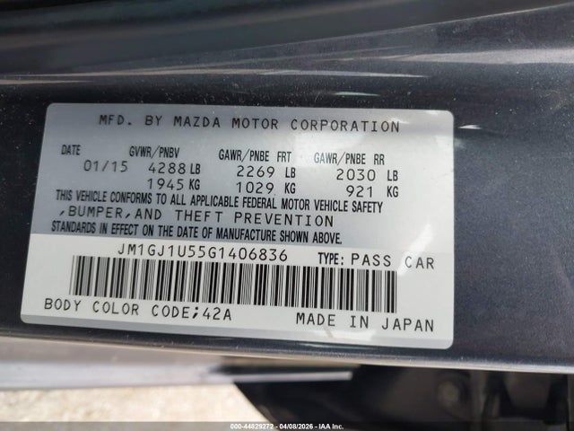 2016 Mazda Mazda6 მანქანა იყიდება აუქციონზე, vin: JM1GJ1U55G1406836, აუქციონის ნომერი: 44829272