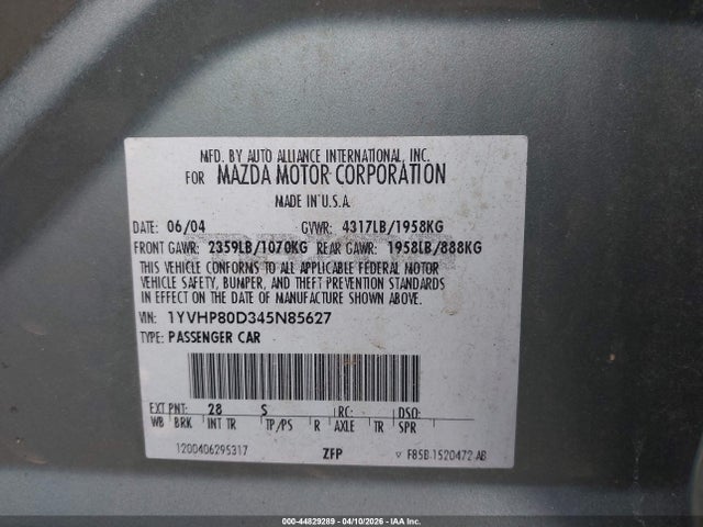 44829289 :رقم المزاد ، 1YVHP80D345N85627 vin ، 2004 Mazda Mazda6 S مزاد بيع