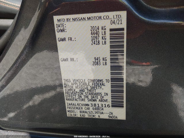 Aukcja sprzedaży 2021 Nissan Altima Sr Vc-turbo Fwd, vin: 1N4AL4CVXMN381316, numer aukcji: 44829303