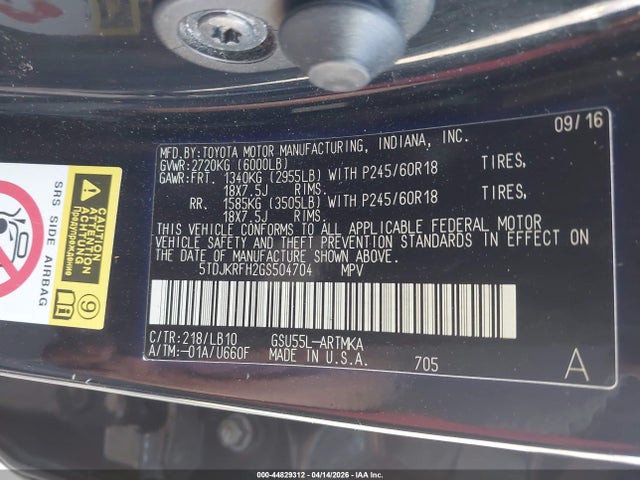 44829312 :رقم المزاد ، 5TDJKRFH2GS504704 vin ، 2016 Toyota Highlander Xle V6 مزاد بيع
