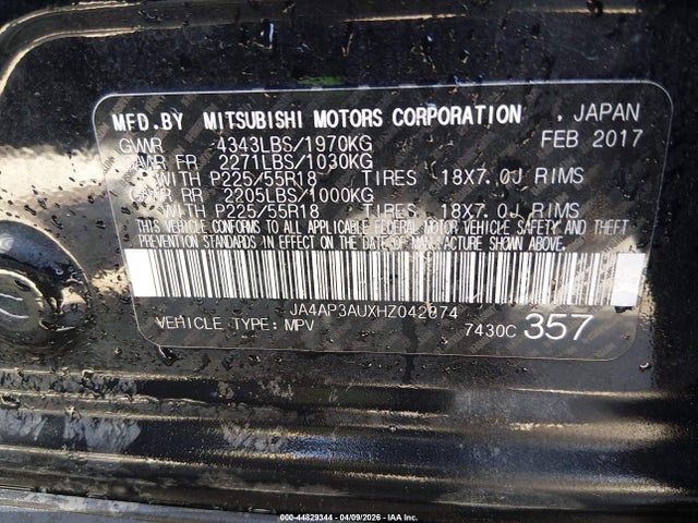 2017 Mitsubishi Outlander Sport 2.0 Le მანქანა იყიდება აუქციონზე, vin: JA4AP3AUXHZ042874, აუქციონის ნომერი: 44829344