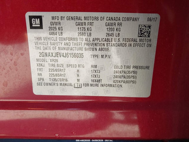 Aukcja sprzedaży 2018 Chevrolet Equinox Lt, vin: 2GNAXJEV4J6156035, numer aukcji: 44829355