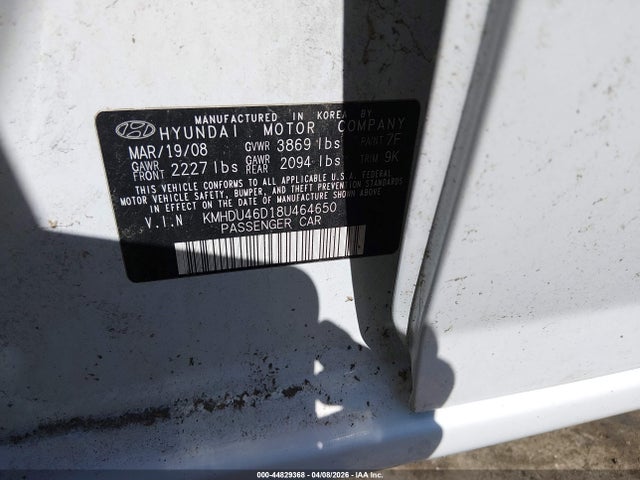 2008 HYUNDAI ELANTRA KMHDU46D18U464650 Photo 8