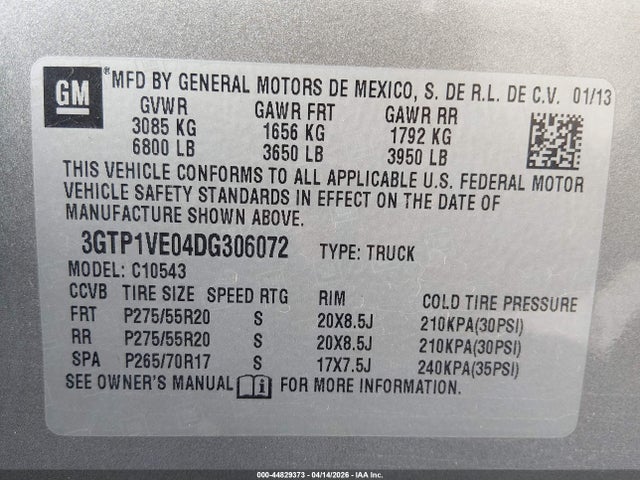 44829373 :رقم المزاد ، 3GTP1VE04DG306072 vin ، 2013 Gmc Sierra 1500 Sle مزاد بيع