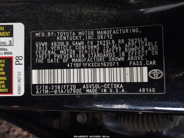 Продажа на аукционе авто 2012 Toyota Camry Se Limited Edition, vin: 4T1BF1FKXCU162071, номер лота: 44829378