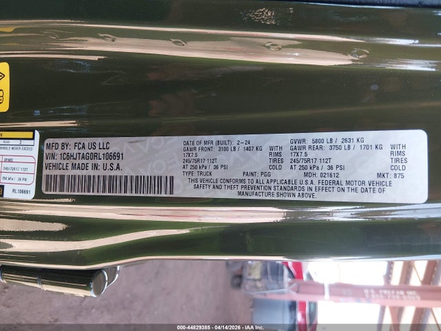 2024 Jeep Gladiator Sport მანქანა იყიდება აუქციონზე, vin: 1C6HJTAG0RL106691, აუქციონის ნომერი: 44829385