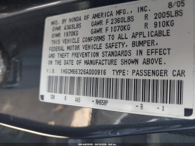 Продажа на аукционе авто 2006 Honda Accord 3.0 Lx, vin: 1HGCM66326A000916, номер лота: 44829392