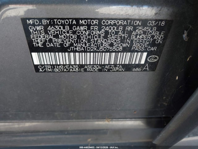 44829403 :رقم المزاد ، JTHBA1D2XJ5075508 vin ، 2018 Lexus Is 300 مزاد بيع