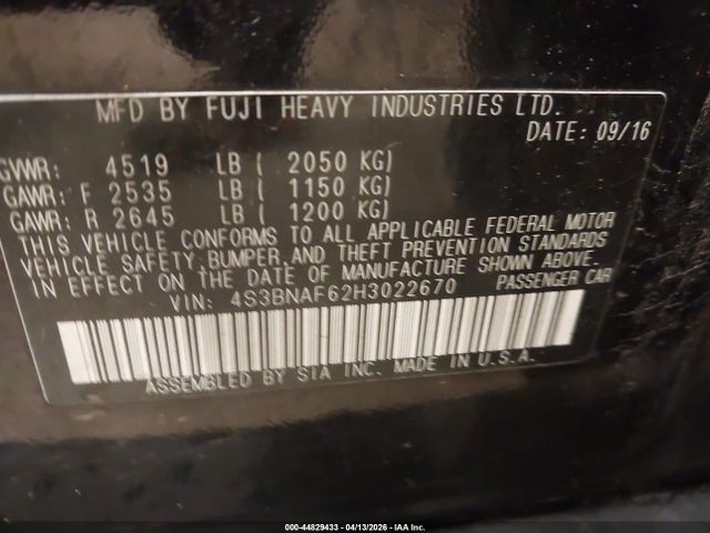 2017 Subaru Legacy 2.5i Premium მანქანა იყიდება აუქციონზე, vin: 4S3BNAF62H3022670, აუქციონის ნომერი: 44829433
