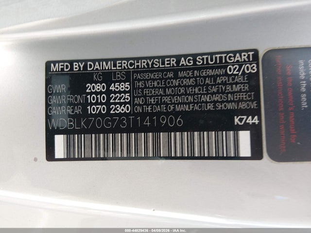 Aukcja sprzedaży 2003 Mercedes-benz Clk 430, vin: WDBLK70G73T141906, numer aukcji: 44829436