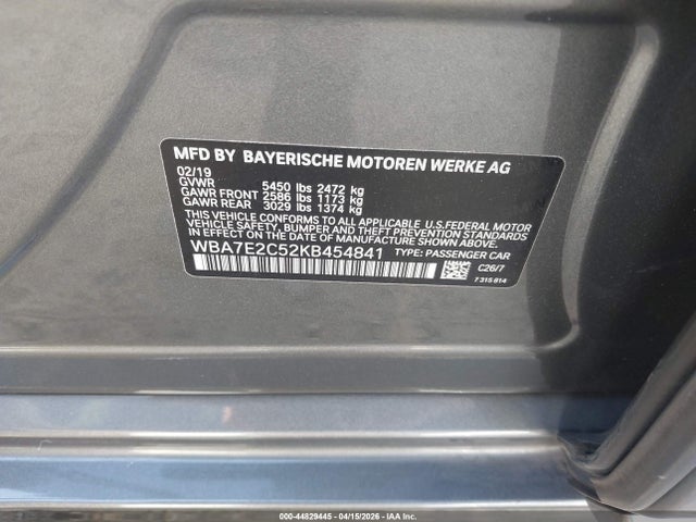 Продаж на аукціоні авто 2019 Bmw 740i, vin: WBA7E2C52KB454841, номер лоту: 44829445