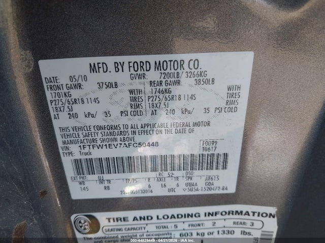 44829449 :رقم المزاد ، 1FTFW1EV7AFC50448 vin ، 2010 Ford F-150 Fx4/harley-davidson/king Ranch/lariat/platinum/xl/xlt مزاد بيع