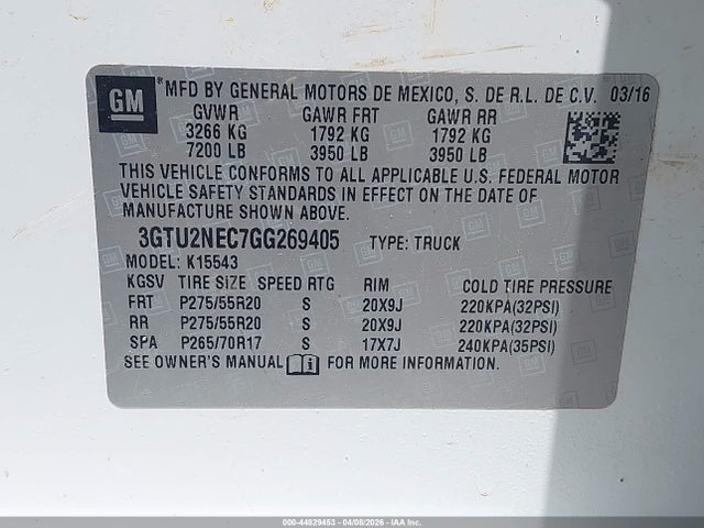 Продаж на аукціоні авто 2016 Gmc Sierra 1500 Slt, vin: 3GTU2NEC7GG269405, номер лоту: 44829453