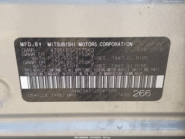 2018 Mitsubishi Outlander Sel მანქანა იყიდება აუქციონზე, vin: JA4AD3A37JZ047505, აუქციონის ნომერი: 44829454