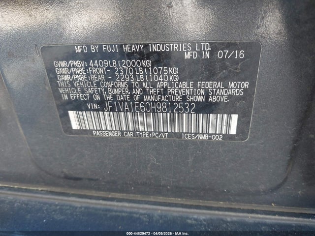 Продажа на аукционе авто 2017 Subaru Wrx Premium, vin: JF1VA1E60H9812532, номер лота: 44829472