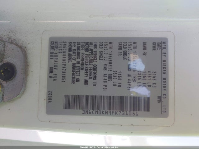 Aukcja sprzedaży 2015 Nissan Nv200 S, vin: 3N6CM0KN9FK731051, numer aukcji: 44829475