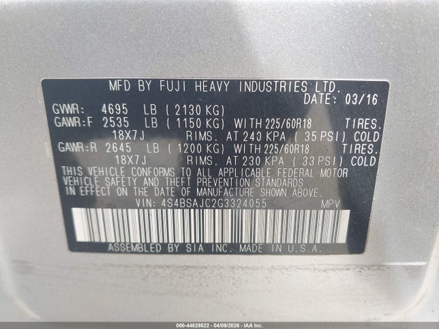 44829522 :رقم المزاد ، 4S4BSAJC2G3324055 vin ، 2016 Subaru Outback 2.5i Limited مزاد بيع