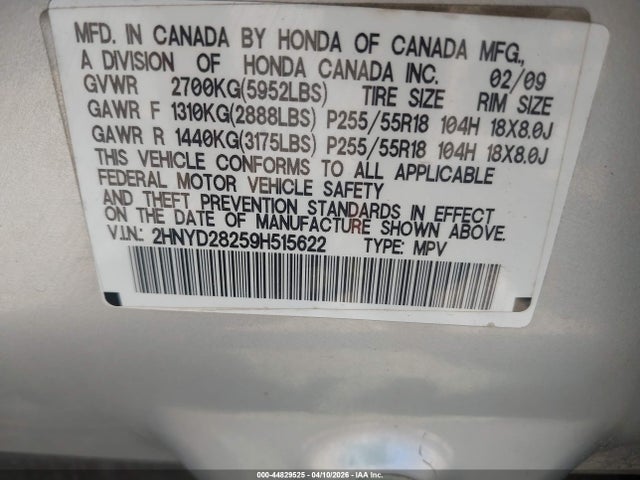 Продаж на аукціоні авто 2009 Acura Mdx, vin: 2HNYD28259H515622, номер лоту: 44829525