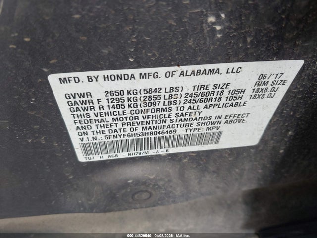 2017 HONDA PILOT 5FNYF6H53HB046469 Photo 8