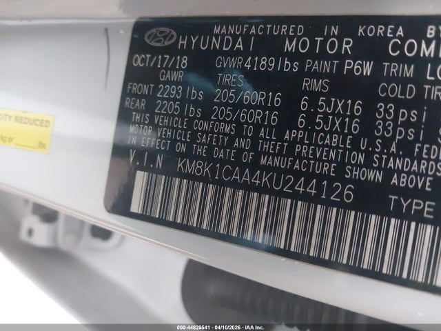 Продажа на аукционе авто 2019 Hyundai Kona Se, vin: KM8K1CAA4KU244126, номер лота: 44829541
