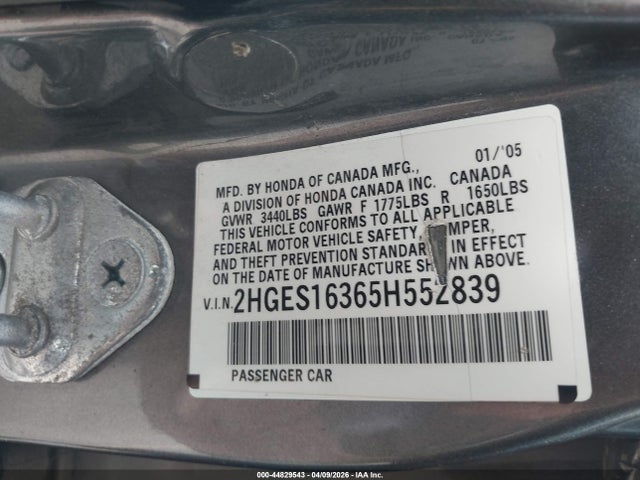 Aukcja sprzedaży 2005 Honda Civic Vp, vin: 2HGES16365H552839, numer aukcji: 44829543