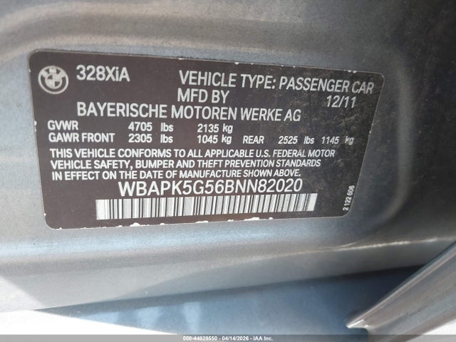 44829550 :رقم المزاد ، WBAPK5G56BNN82020 vin ، 2011 Bmw 328i Xdrive مزاد بيع