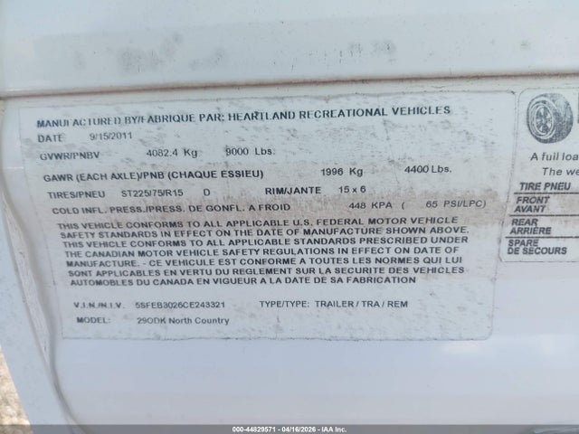 Продажа на аукционе авто 2012 Heartland Rv North Country, vin: 5SFEB3026CE243321, номер лота: 44829571