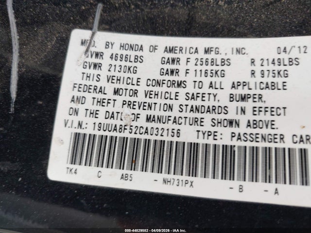 Aukcja sprzedaży 2012 Acura Tl 3.5, vin: 19UUA8F52CA032156, numer aukcji: 44829582