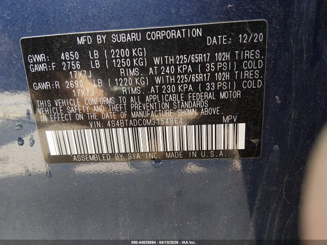 2021 Subaru Outback Premium მანქანა იყიდება აუქციონზე, vin: 4S4BTADC0M3154864, აუქციონის ნომერი: 44829594